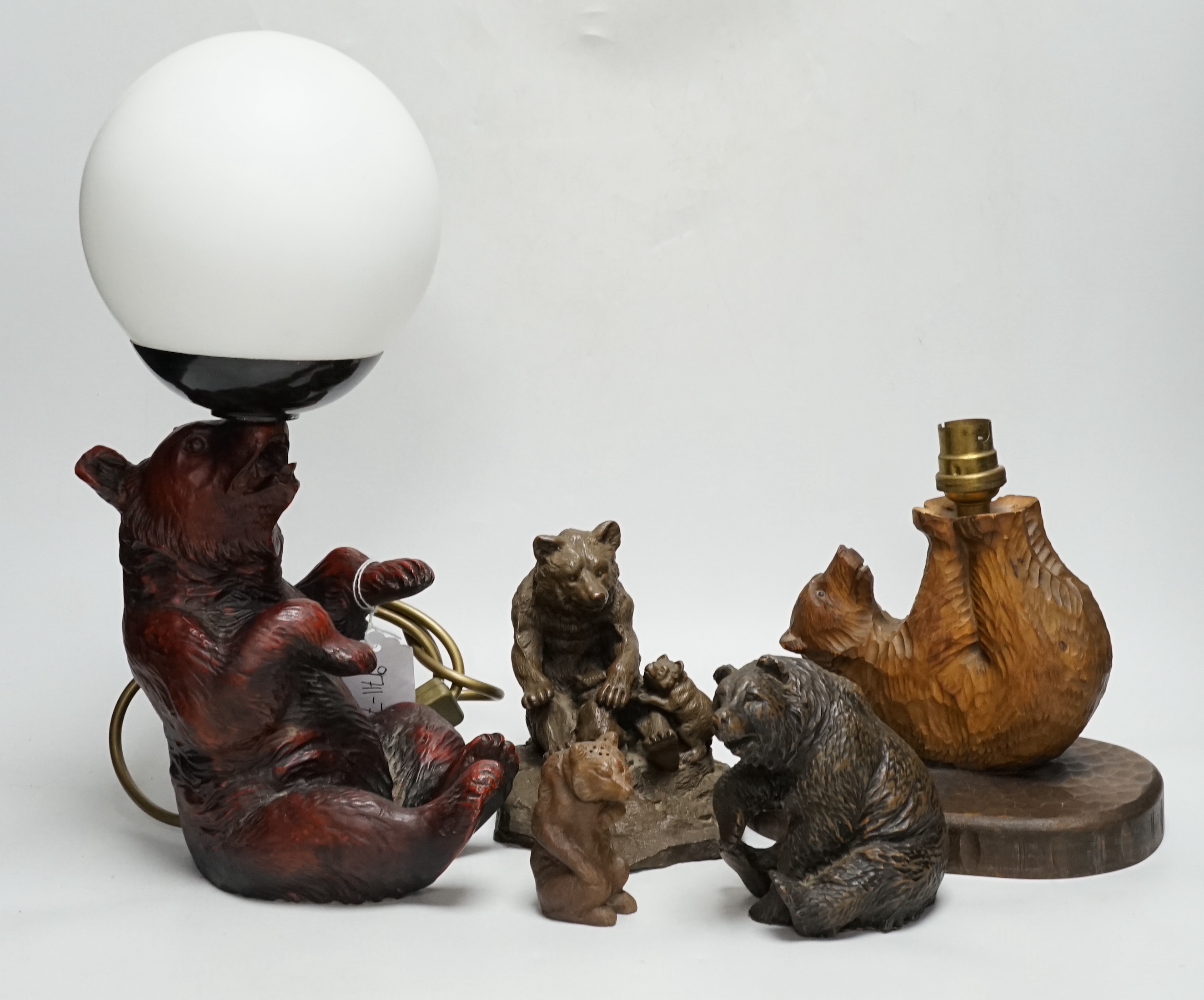 A group of resin bears, one a table lamp, another lamp (wiring missing) and an advertising Polar bear (5)